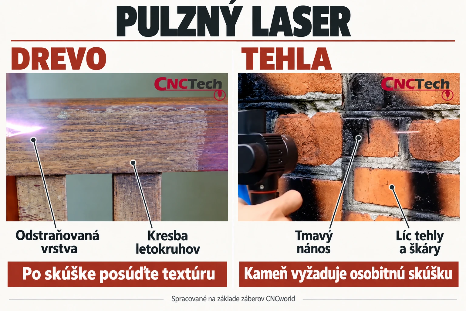 Pulzný laser: drevo a tehla — odstraňovaná vrstva, kresba vlákien aj líce tehál a škáry